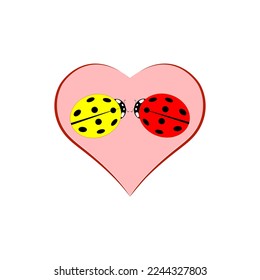 Ladybirds on leaf and lettering love. Illustration ladybug. Cute colorful sign red insect symbol spring, summer, garden. Template for t shirt, apparel, card, poster Design element Vector illustration