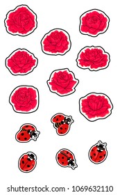 Ladybirds and red roses. Stickers, patches, applications.  Vector illustration without gradients and transparency. 