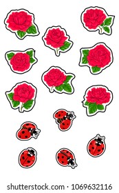 Ladybirds and red roses. Stickers, patches, applications.  Vector illustration without gradients and transparency. 