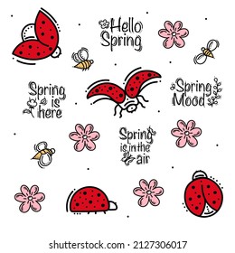Ladybirds Spring Set With Flowers and Bees