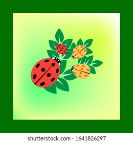 Ladybirds in square. Illustration ladybug on green leaf. Cute colorful sign red insect symbol spring, summer, garden. Template for t shirt, apparel, card, poster. Design element. Vector illustration.