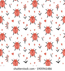 Ladybirds vector seamless pattern. Cute red ladybug and flowers isolated on white background. Design for home decor, textile, kitchen decor, wrapping paper, cards.