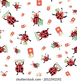Ladybug back to school vector seamless pattern background. Fun cartoon kawaii ladybird characters with backbacks, pencils, notebooks on white backdrop. Education, kindergarten repeat for children.