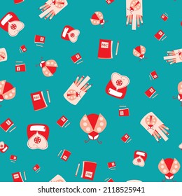 Ladybug back to school vector seamless pattern background. Fun cartoon ladybirds, school bags,, pencil caddy, notebooks backdrop. Hand drawn pink blue motifs for kids. Fun bug education repeat