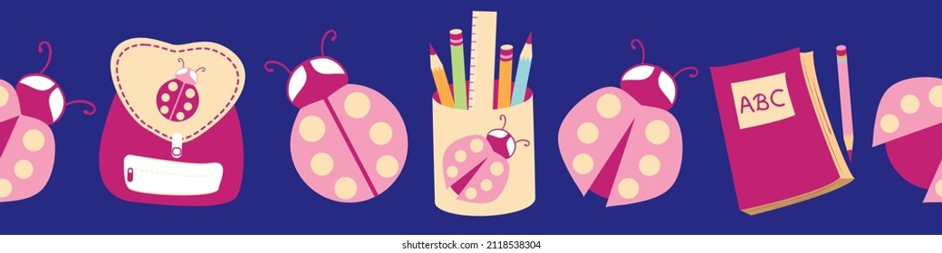 Ladybug back to school vector seamless border background. Fun cartoon ladybirds, school bags,, pencil caddy, notebooks banner. Hand drawn pink purple indigo education motifs for kids. Fun bug design