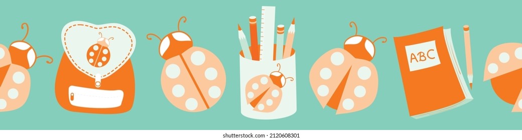 Ladybug back to school vector seamless border background. Fun cartoon ladybirds, school bags,, pencil caddy, notebooks banner. Hand drawn pastel teal orange education motifs for kids. Fun bug design