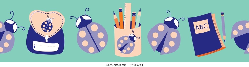 Ladybug back to school vector seamless border background. Fun cartoon ladybirds, school bags,, pencil caddy, notebooks banner. Hand drawn blue purple education motifs for kids. Fun bug design