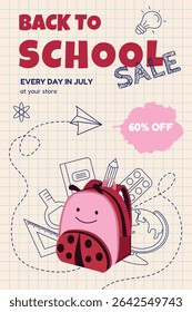 Joaninha mochila temática Back to School flyer com fundo pastel. Modelo de design vetorial para cartaz, cartão, venda, convite de festa