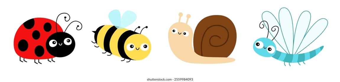 Ladybug, Bee bumblebee, Dragonfly, snail cochlea, lady bug ladybird flying insect icon set line. Cute cartoon kawaii funny baby character. Happy Valentines Day. Flat design. White background. Vector