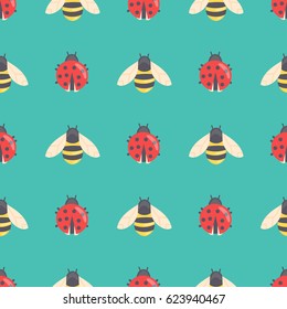 Ladybug and bee cartoon seamless pattern vector background