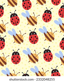 Ladybug and bee pattern on a light yellow background.