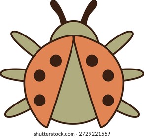 Ladybug beetle with dotted wings, antenna, and legs in bold outline, top view cartoon. Symbol of luck, growth, and nature for kids theme and ecology concepts. Cartoon vector illustration.