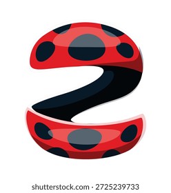 Ladybug beetle font typeface cartoon number 2 two. Spring lady bug typeface numeral symbol, garden ladybug beetle type vector number. Cute ladybird typography figure or red insect font digit
