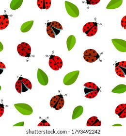 Ladybug black and red with green leaves, over white background, flat vector illustration seamless pattern.