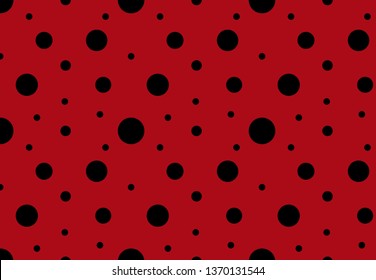 Ladybug black spots seamless pattern background. Vector trendy abstract dots random size with red background and black spots.