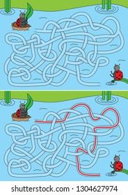 Ladybug in a boat maze for kids with a solution