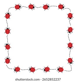 Borda Ladybug com Caminho Pontilhado. Ilustração de vetor de quadro de inseto. Uma moldura quadrada caprichosa feita de joaninhas vermelhas adoráveis marchando ao longo de um caminho pontilhado e curvo.