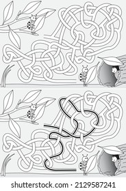 Ladybug building shelter maze for kids with a solution in black and white