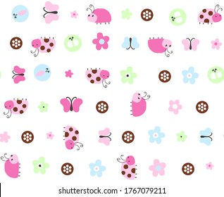 Patrones de dibujos animados de gusanos y mariposas, ilustraciones vectoriales, círculos y flores como combinación, adecuados para diseños de impresión