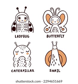 Ladybug, butterfly, caterpillar and snail childish hand drawn vector illustrations set on white background. Funny insects for children design