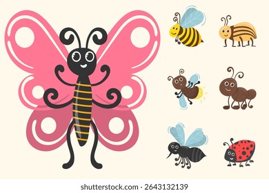 Joaninha e borboleta ilustração vetorial com mascote inseto criatura selvagem bug personagem coleção ícone abelha picada asa antena fundo natureza branco vários design bonito gnat

