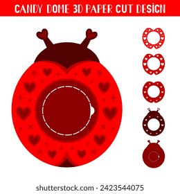 Soporte de cúpula de caramelo de insecto de langosta con corazones. Plantilla de corte de papel. Ilustración vectorial. Símbolo de fiesta lindo. Ornamento de San Valentín en 3D para dulces.
