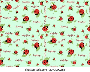 Ladybug cartoon character seamless pattern on green background. Pixel style