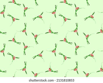 Ladybug cartoon character seamless pattern on green background.Pixel style