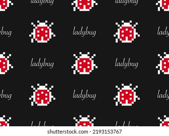 Ladybug cartoon character seamless pattern on black background. Pixel style