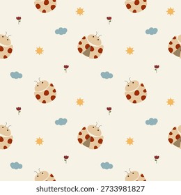 Ladybug cartoon so cute. On flower cloud sun background. Pattern seamless vector illustration. 