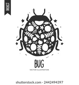 Ladybug cartoon flat vector illustration. Monochrome. Flying insect in Scandinavian style with flowers and vegetation. Folk ornaments. For design of cards, textiles, packaging, stickers