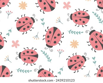 Marienkäfer Cartoon Natürlicher Hintergrund. Wildkäfer nahtlose Muster. Blumengarten Kinder niedliche Illustration. Ladybird Blumenmuster für Kinder Design