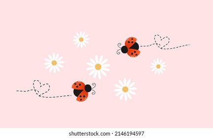 Ladybug cartoons and daisy flower on pink background vector illustration.