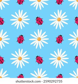 Ladybug, chamomile on a blue background.Seamless pattern. Vector illustration.