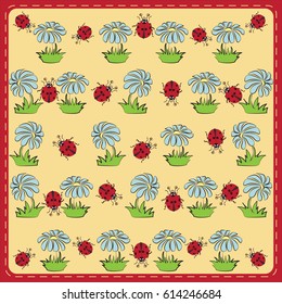 Ladybug and chamomile. Pattern. Stylized images of ladybirds and daisies, the character of children's cartoons. Design for textiles, tapestries, packaging, environmental background of the poster.