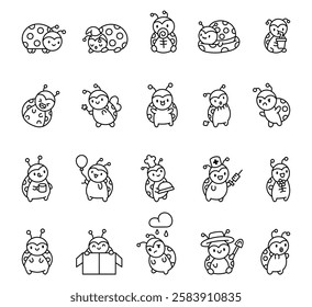 Ladybug character set demonstrating cute emotions and actions, from smiling and laughing to using magic, cooking, gardening, and enjoying various charming moments in a cute cartoon style.