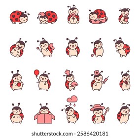 Ladybug character set demonstrating cute emotions and actions, from smiling and laughing to using magic, cooking, gardening, and enjoying various charming moments in a cute cartoon style.