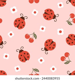 Ladybug with cherry and flower seamless pattern. Kid design. Vector illustration.