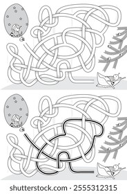 Ladybug Christmas Eve maze for kids with a solution in black and white