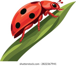 ladybug climbing leaf side profile, insect vector illustration
