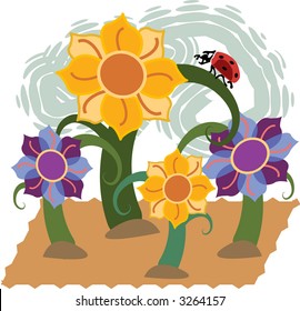 Ladybug climbs stalk of green flowering plant in this illustration with blooming flowers.