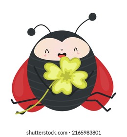 Ladybug Clipart Character Besign. Baby Clip Art Ladybug With Clover. Vector Illustration Of An Animal For Prints For Clothes, Stickers, Baby Shower Invitation. 