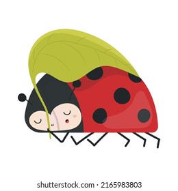 Ladybug Clipart in Cute Cartoon Style Beautiful Clip Art Ladybug Sleeps under a Leaf. Vector Illustration of an Animal for Prints for Clothes, Stickers, Textile, Baby Shower Invitation. 