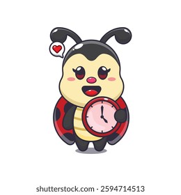ladybug with clock. mascot cartoon character vector illustration. design element for poster, brochure, web, mascot, sticker, logo and icon.