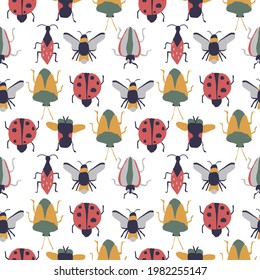 Ladybug, coccinella septempunctata, Cartoon seamless vector pattern Isolated on white background. Design use for background, fabric, paper and others.