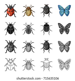 Ladybug, Colorado beetle, insect bug, butterfly. Insects set collection icons in cartoon black monochrome outline style vector symbol stock illustration web.