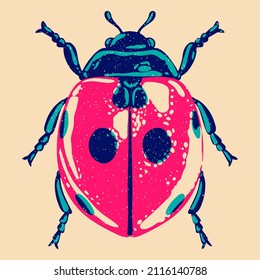 Ladybug. Colorful cute screen printing effect. Riso print effect. Vector illustration. Graphic element  for fabric, textile, clothing, wrapping paper, wallpaper