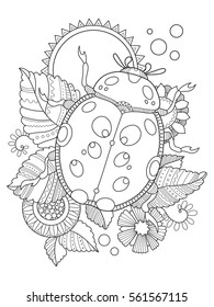 Ladybug coloring book vector illustration. Anti-stress coloring book for adult. Tattoo stencil. Black and white lines. Lace pattern