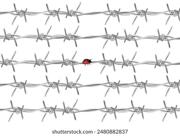 Ladybug crawling on barbed wire fence freedom concept