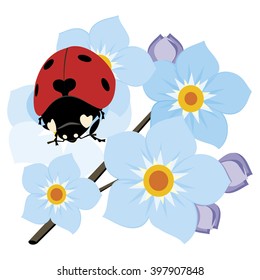 ladybug crawling on a branch with blue flowers blossoming